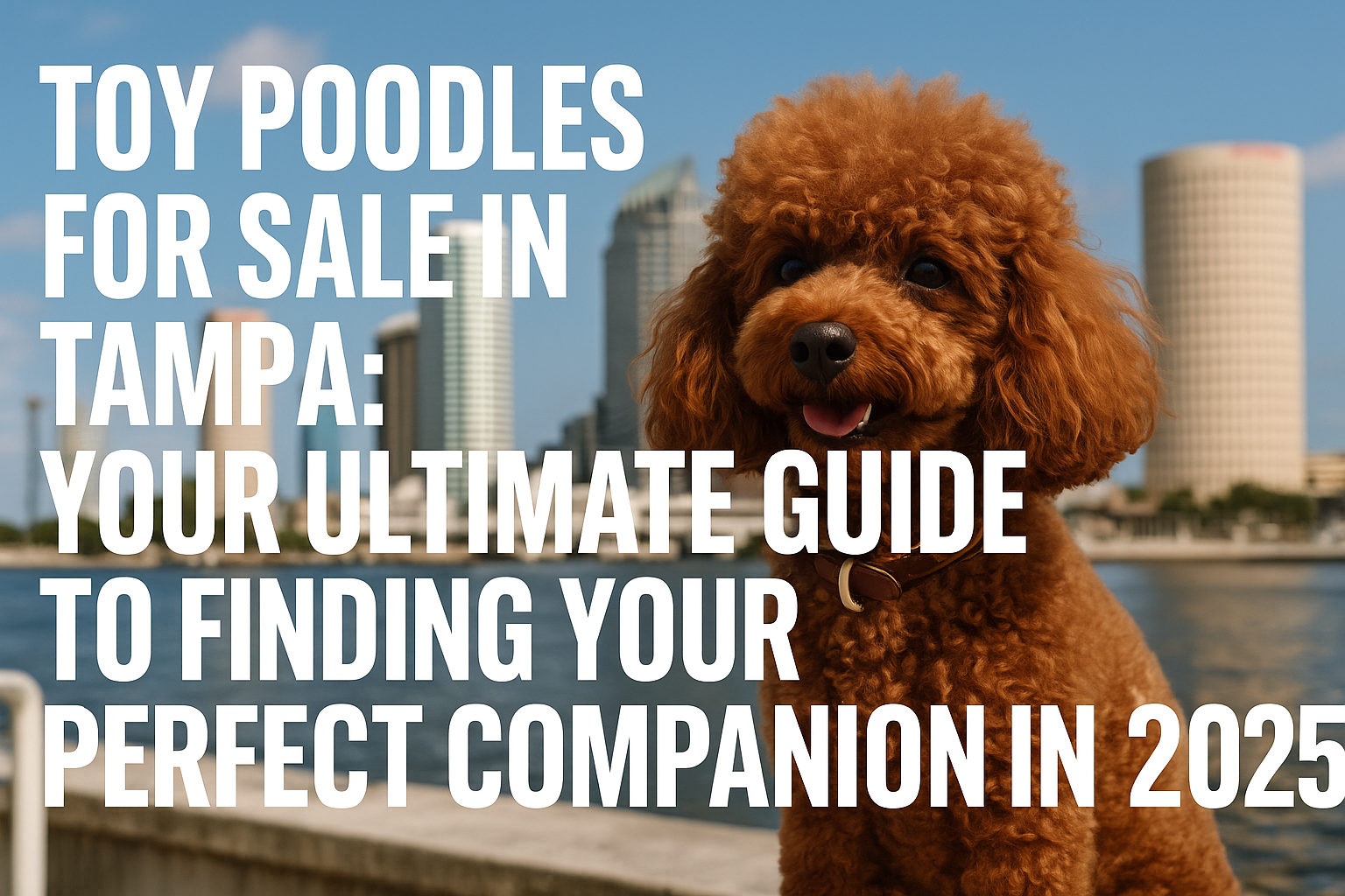 Professional landscape hero image (1536x1024) with bold text overlay: "Toy Poodles for Sale in Tampa: Your Ultimate Guide to Finding Your Pe