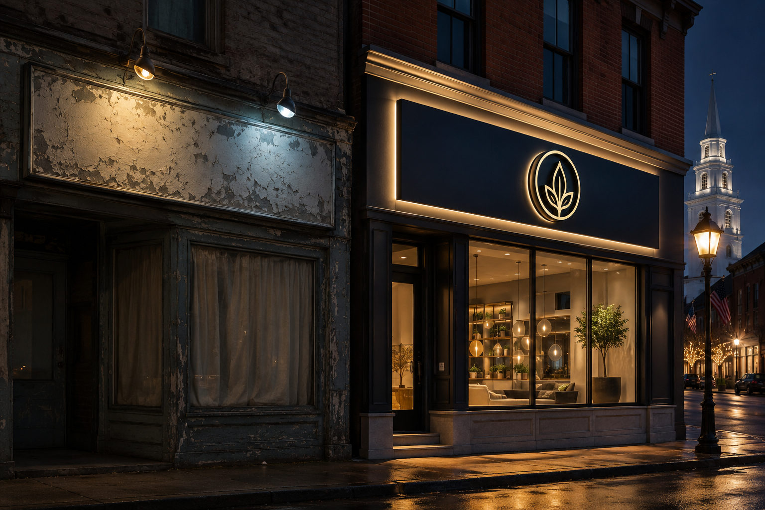 Editorial comparison image showing a faded, poorly lit business sign on the left and a bright, professionally designed custom business sign on a Connecticut storefront on the right, illustrating the difference in night visibility and branding.