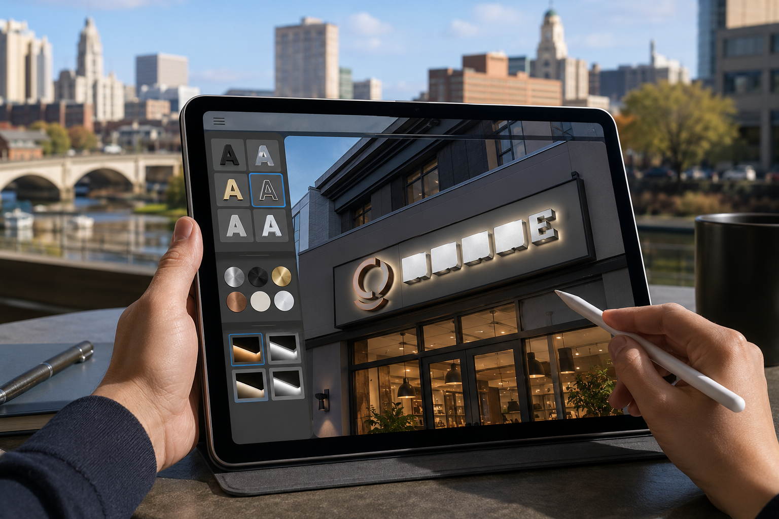 Editorial image of Signage.com's Design Studio interface on a tablet, showing a custom business sign mockup superimposed onto a photo of a Connecticut storefront with options for channel-letter style, material, and illumination, as a professional hand interacts with the screen.