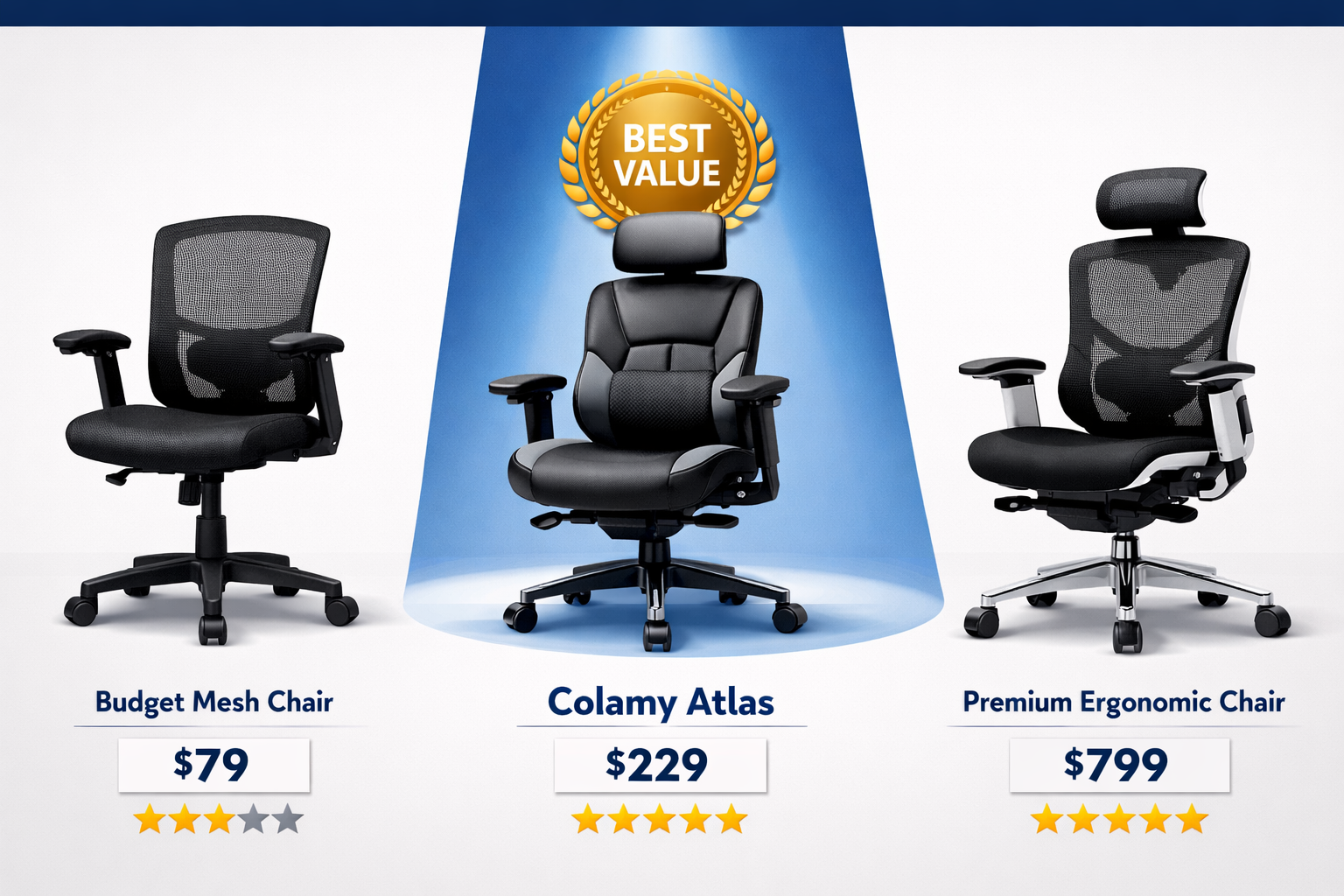 Colamy Atlas Review Digital illustration, graphic design style, Detailed landscape format (1536x1024) comparison scene showing three office chairs side by side on a clean studio background: a budget mesh chair on the left, the Colamy Atlas in the center highlighted with a blue spotlight and gold 'Best Value' badge, and a premium $800 ergonomic chair on the right. Below each chair, small price tags and star ratings are visible. Color palette: white, navy, gold. Flat lay editorial style, product comparison infographic aesthetic, high contrast, professional review publication quality.