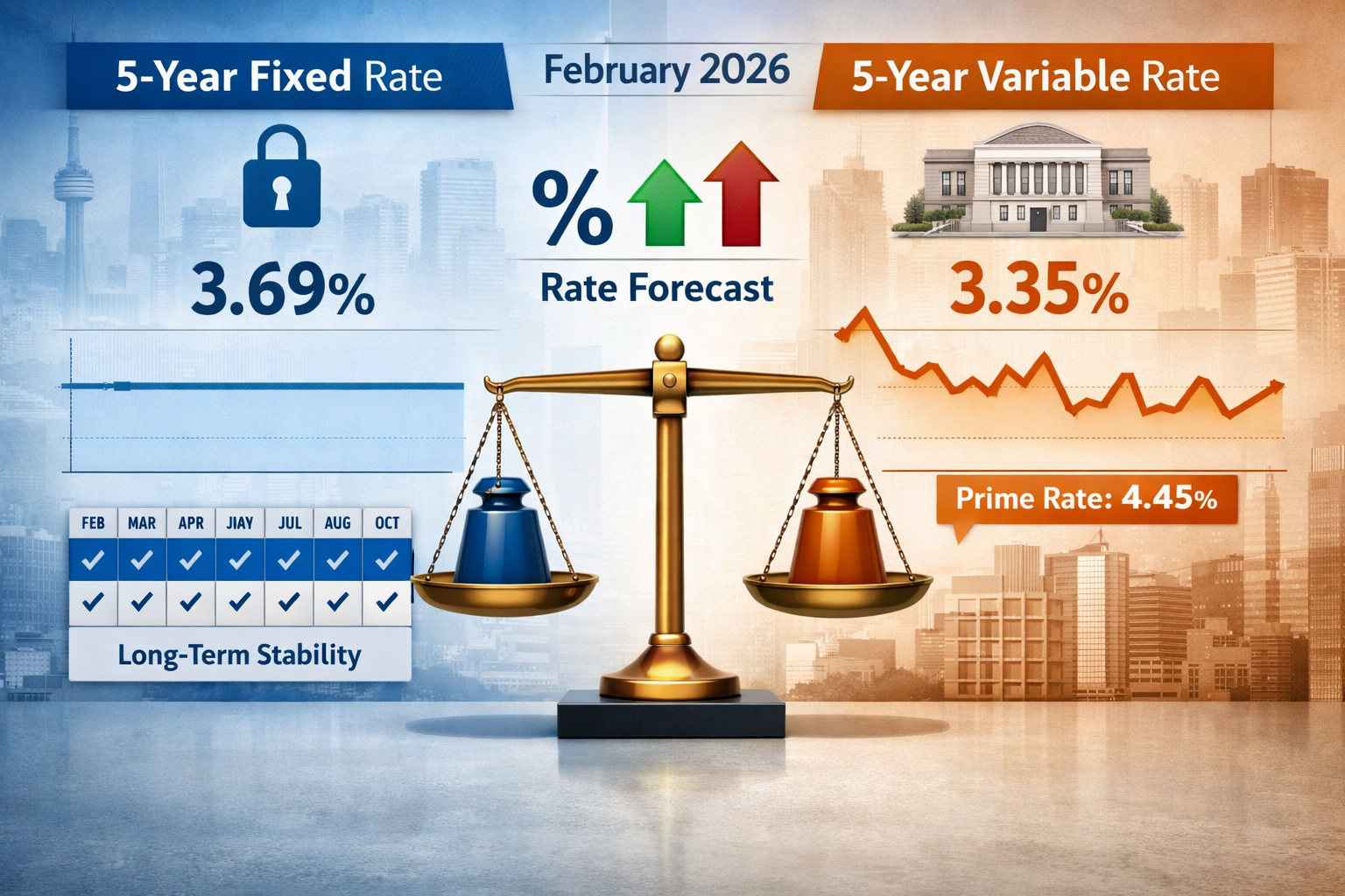 Landscape format (1536x1024) split-screen visualization comparing fixed vs variable mortgage rates for February 2026. Left side shows '5-Yea