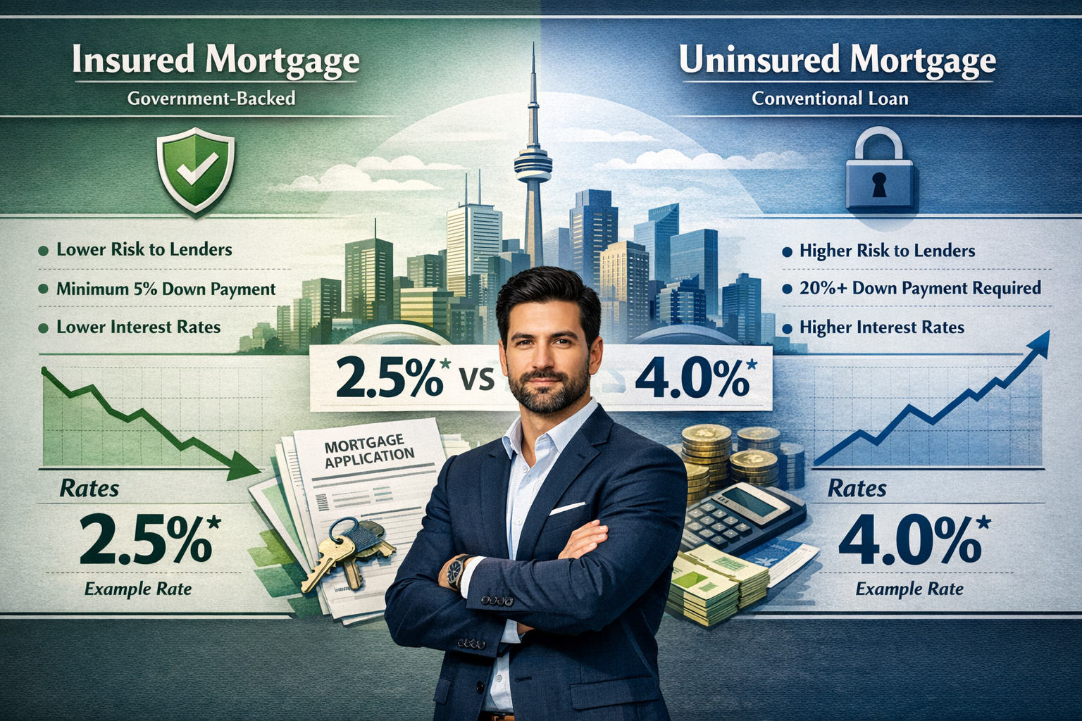 Split-screen editorial-style infographic comparing insured vs. uninsured mortgage options for self-employed Toronto professionals. Left side