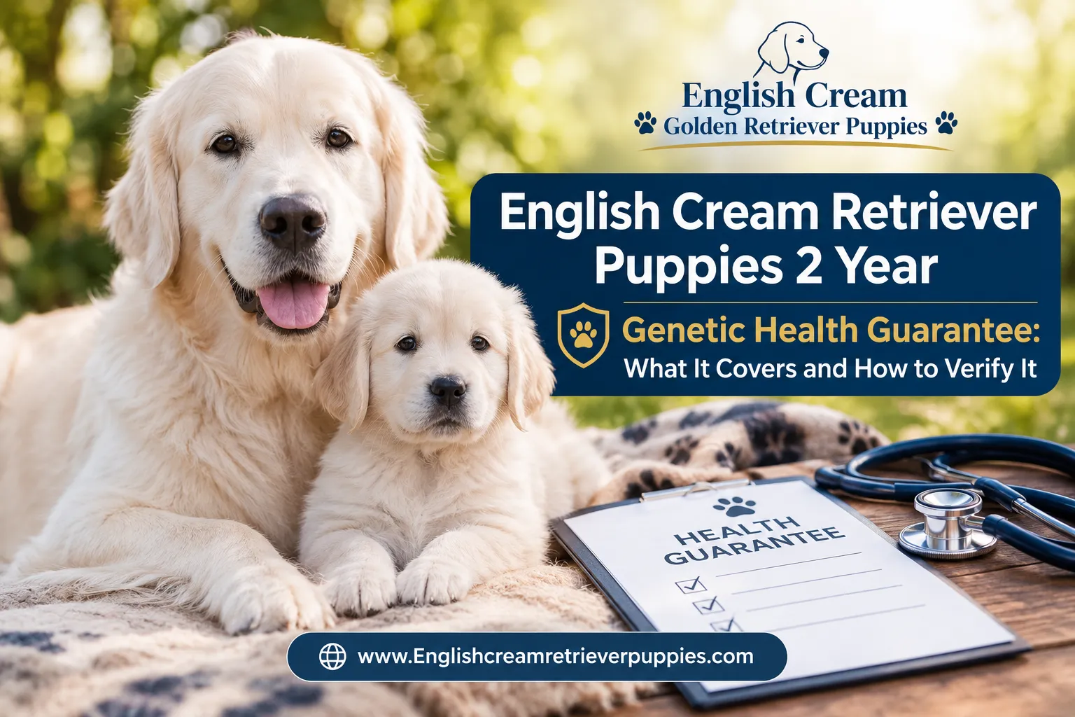 A reading "English Cream Retriever Puppies 2 Year". CRITICAL TYPOGRAPHY RULES: render the text on 1–2 lines, centered, with