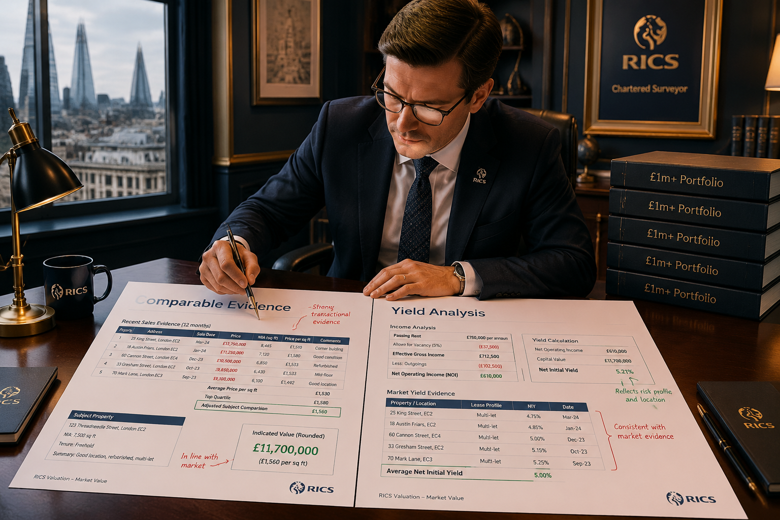 Wide-angle editorial photograph of a professional RICS chartered surveyor seated at a mahogany desk in a high-end London