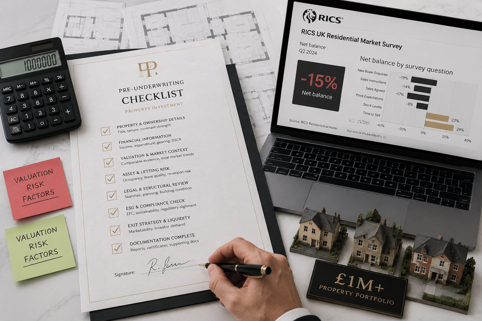 Overhead flat-lay editorial photograph of a pre-underwriting checklist on premium paper beside a laptop showing RICS market