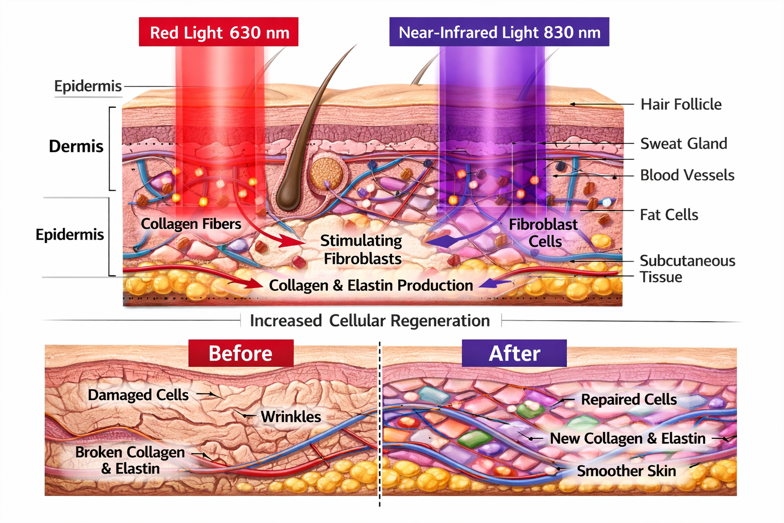 Detailed scientific illustration showing cross-section of human skin layers with red and near-infrared light wavelengths (630nm and 830nm) p