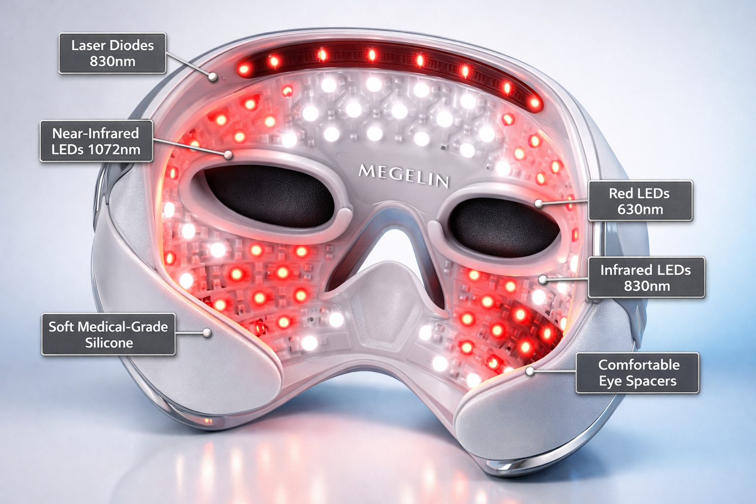 Close-up product photography of Megelin LED and laser mask showing soft medical-grade silicone material texture, five different wavelength l
