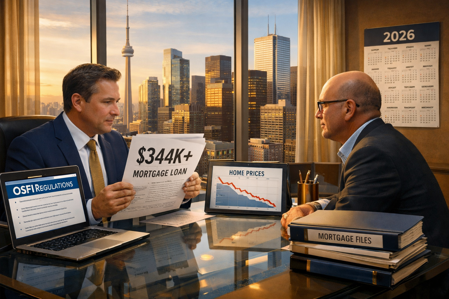 Wide-angle editorial illustration showing a Toronto mortgage broker at a modern glass-desk office, reviewing large loan