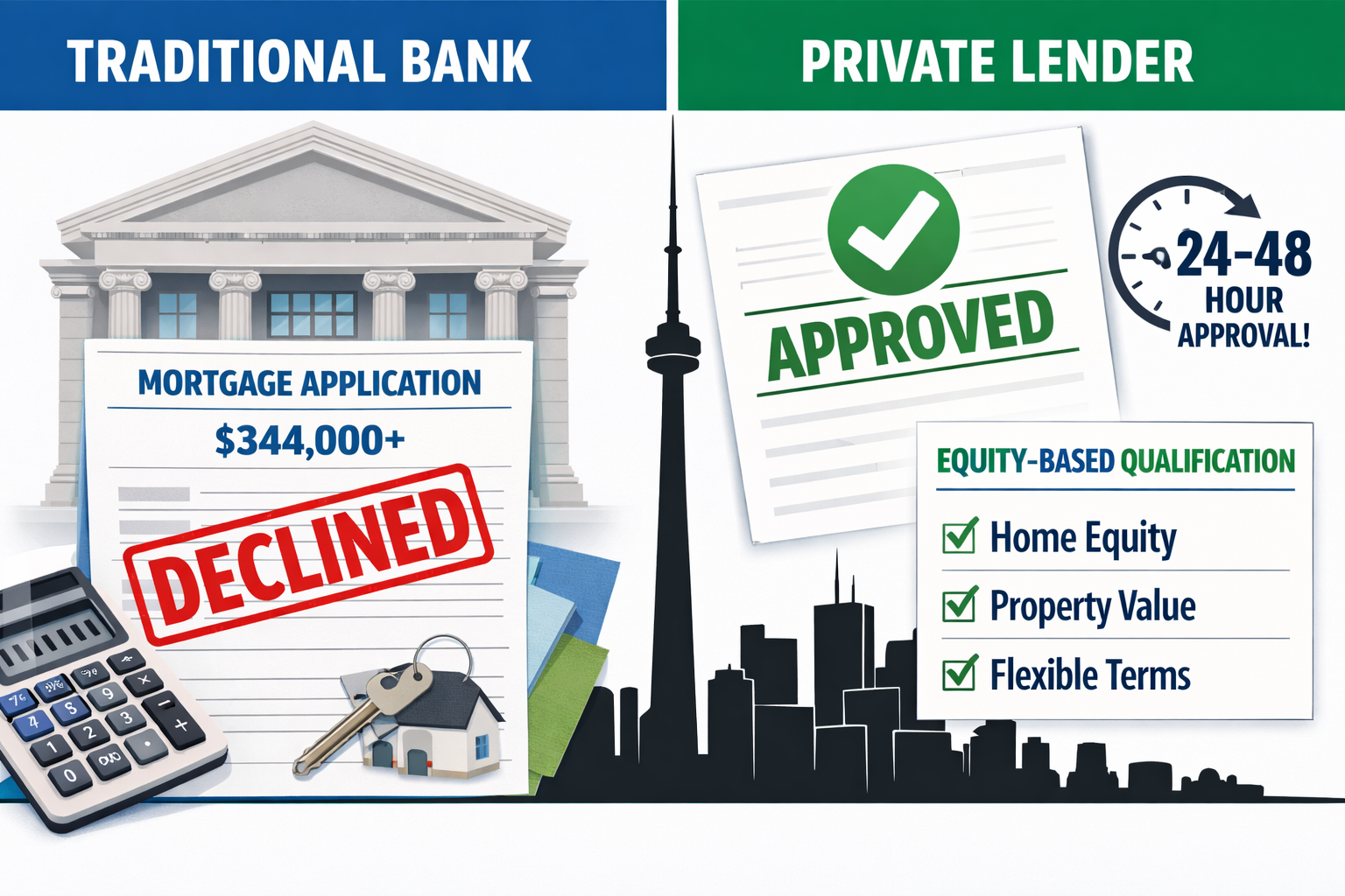 Split-screen infographic landscape image (): left panel shows a traditional bank building with a red 'Declined' stamp over a