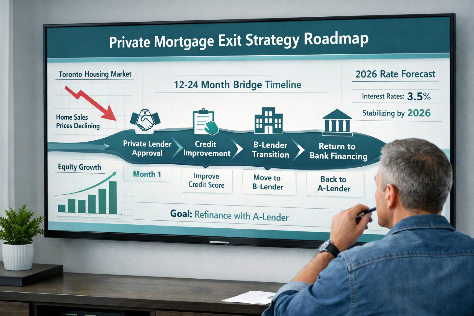 Detailed landscape () concept illustration of a Toronto homeowner reviewing a private mortgage exit strategy roadmap on a