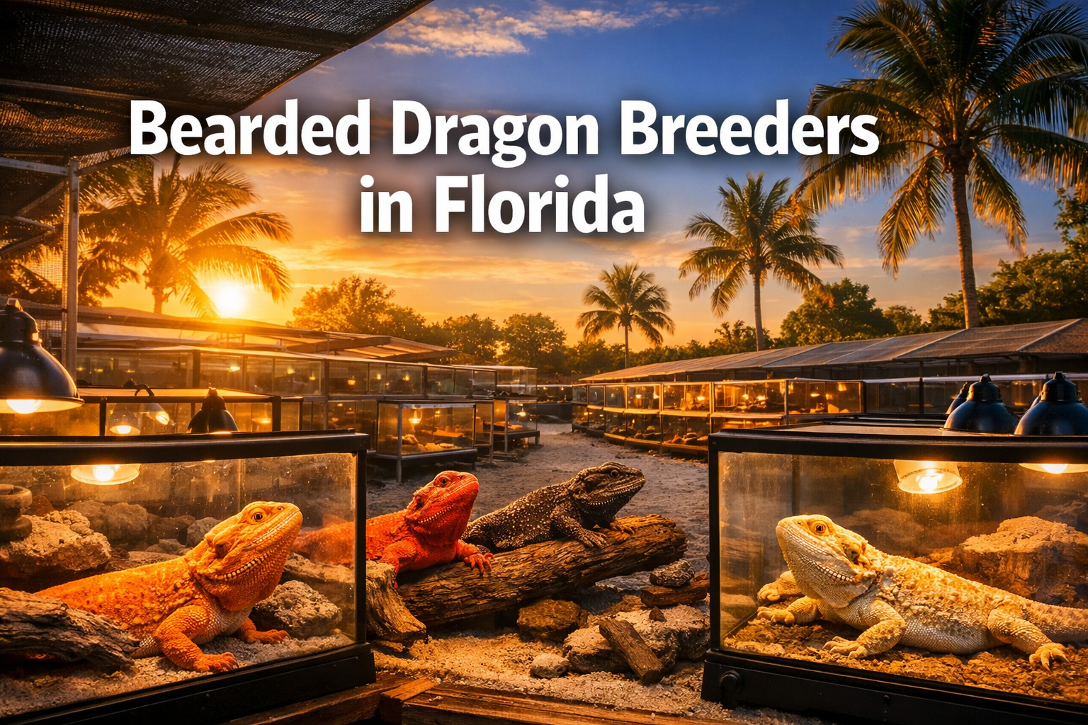 Professional landscape format (1536x1024) hero image featuring bold text overlay 'Bearded Dragon Breeders in Florida' in extra large 72pt wh
