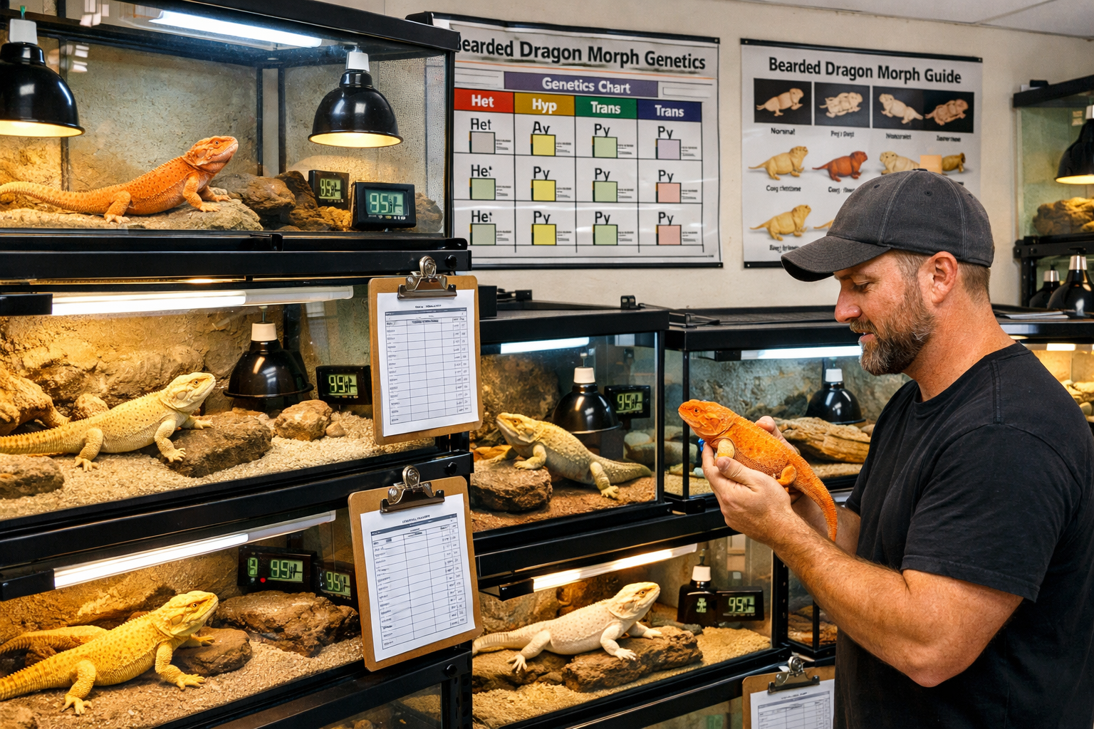 Detailed landscape format (1536x1024) image showing professional bearded dragon breeding facility in Florida with multiple glass terrariums 