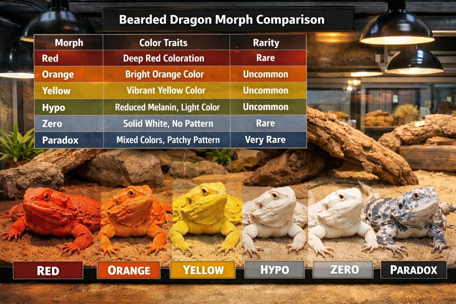 Landscape format (1536x1024) image displaying various bearded dragon color morphs side by side - red, orange, yellow, hypo, zero, and parado