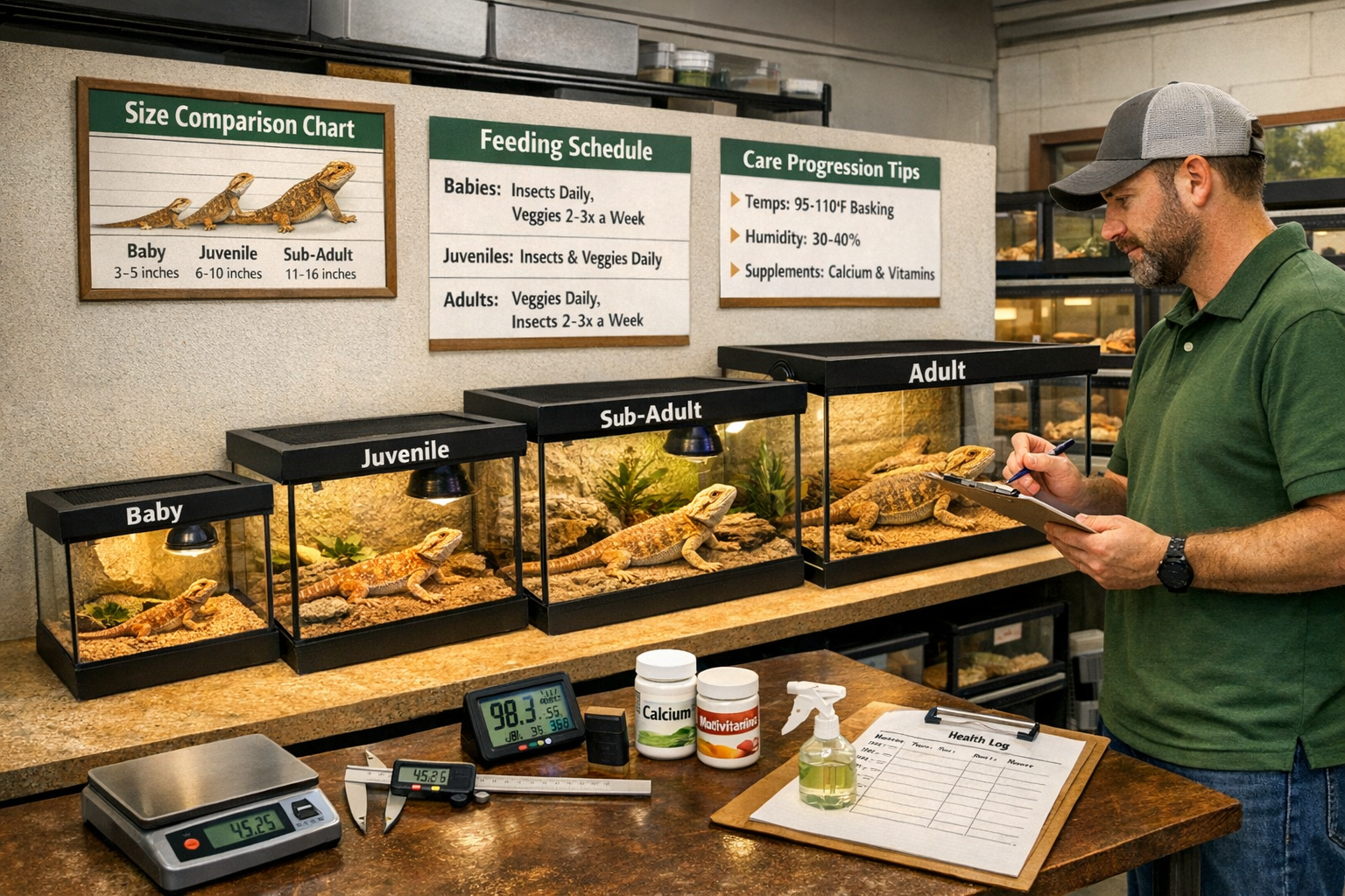 Landscape format (1536x1024) image showing healthy bearded dragon growth stages from baby to adult, displayed in appropriately sized terrari