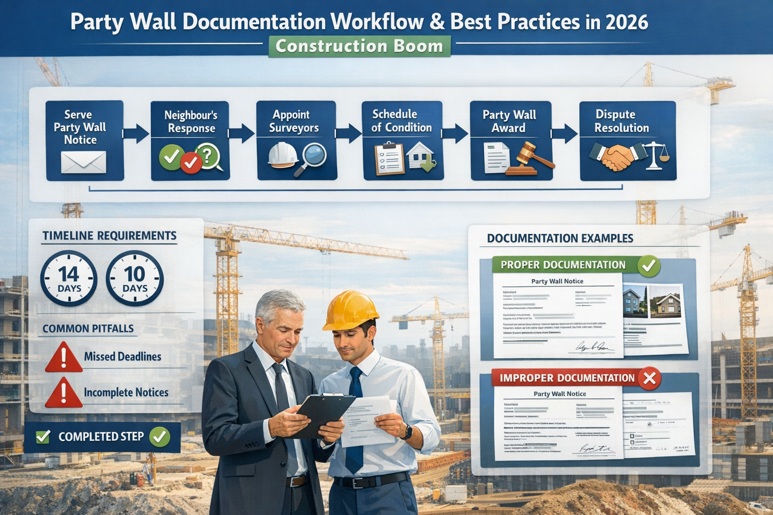 Landscape format (1536x1024) comprehensive infographic showing party wall documentation workflow and best practices during 2026 construction