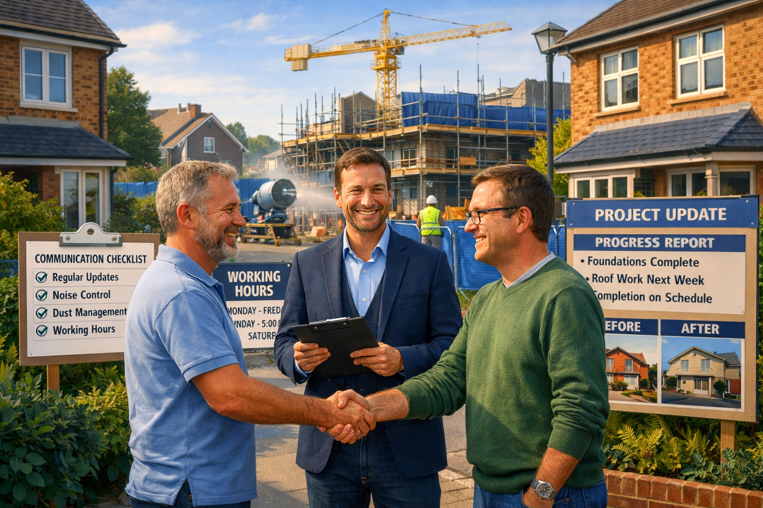 Landscape format (1536x1024) detailed scene depicting successful neighbour relations management during construction project, two neighbours 