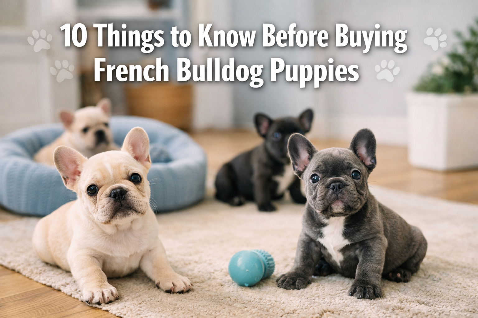 Professional landscape format (1536x1024) hero image featuring bold text overlay '10 Things to Know Before Buying French Bulldog Puppies' in