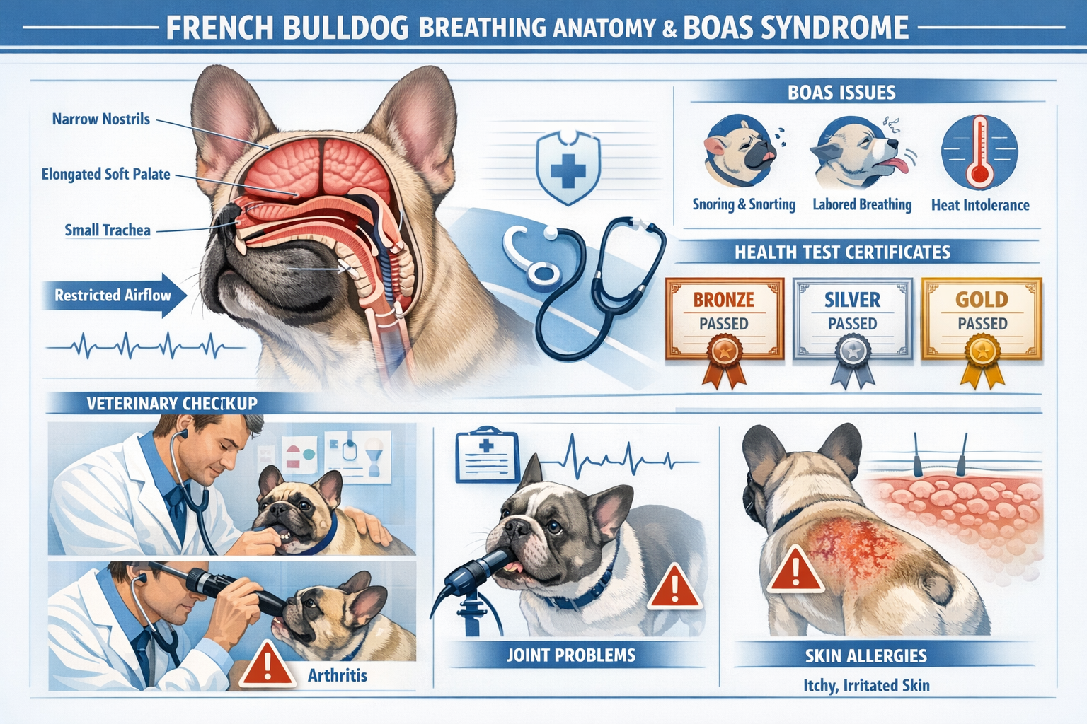 Portrait format (1024x1536) health-focused illustration showing French Bulldog breathing anatomy with cross-section view of shortened airway
