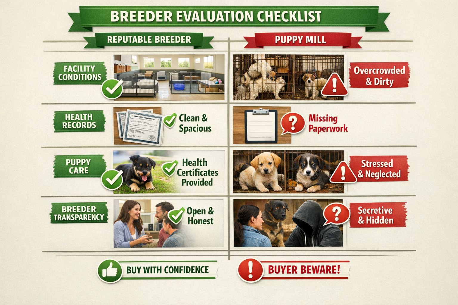 Portrait format (1024x1536) breeder evaluation checklist design featuring split-screen comparison of reputable vs puppy mill characteristics