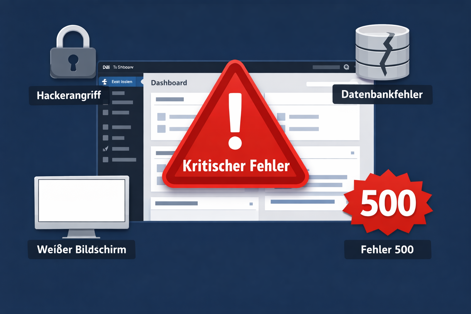 () infographic-style illustration showing a WordPress dashboard with a large red warning triangle labeled 'Kritischer