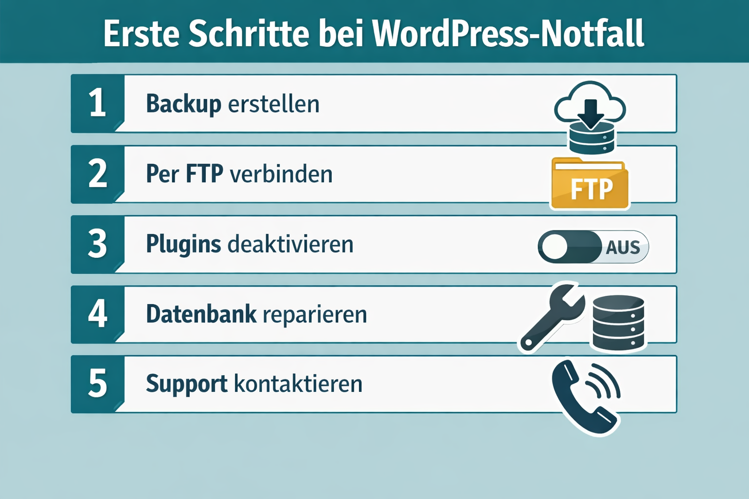 () step-by-step visual checklist graphic titled 'Erste Schritte bei WordPress-Notfall' in German text. Shows a numbered