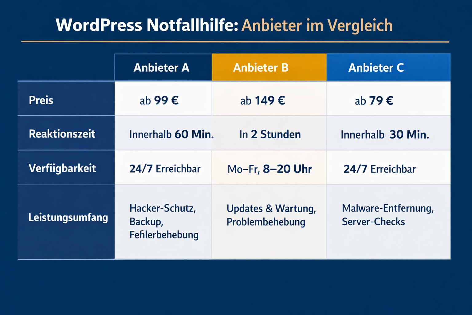 () comparison table graphic titled 'WordPress Notfallhilfe: Anbieter im Vergleich' in German . Shows a clean 3-column table