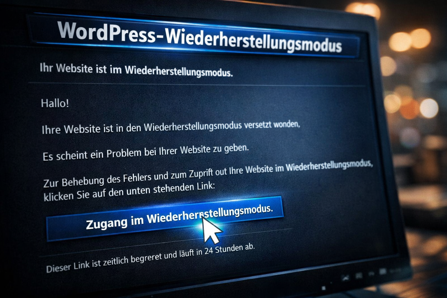() dramatic close-up of a computer screen showing the WordPress Recovery Mode email notification in German, with a glowing