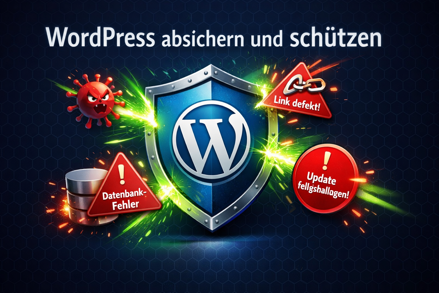 () conceptual illustration showing a shield icon with the WordPress logo at center, surrounded by warning symbols being