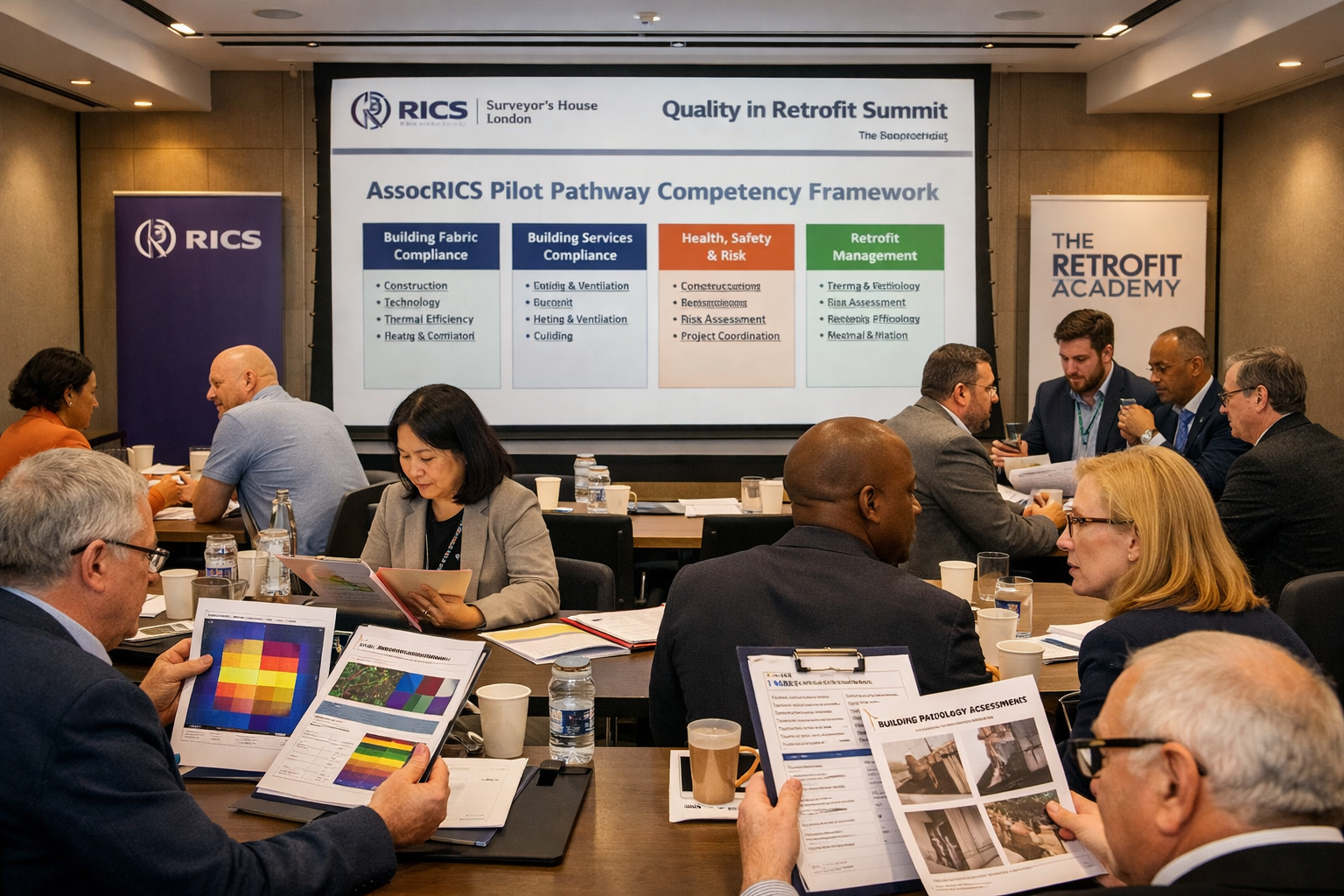 Detailed landscape format (1536x1024) image showing RICS Surveyor's House London conference room during Quality in Retrofit Summit with dive