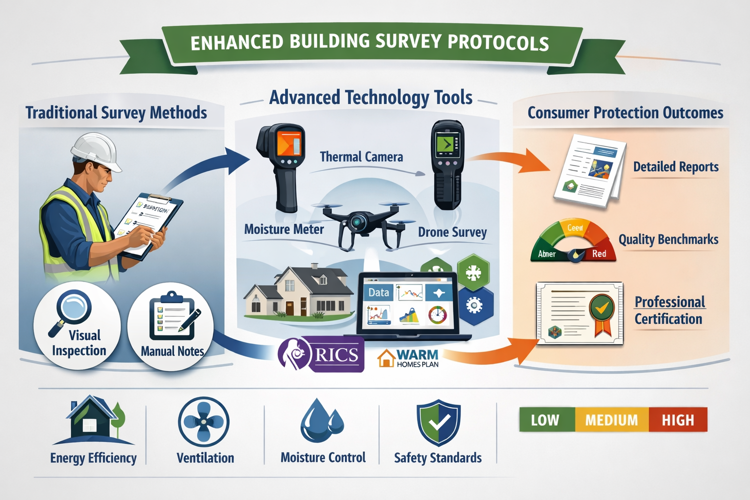 Comprehensive landscape format (1536x1024) infographic illustration displaying enhanced building survey protocols workflow: left side shows 