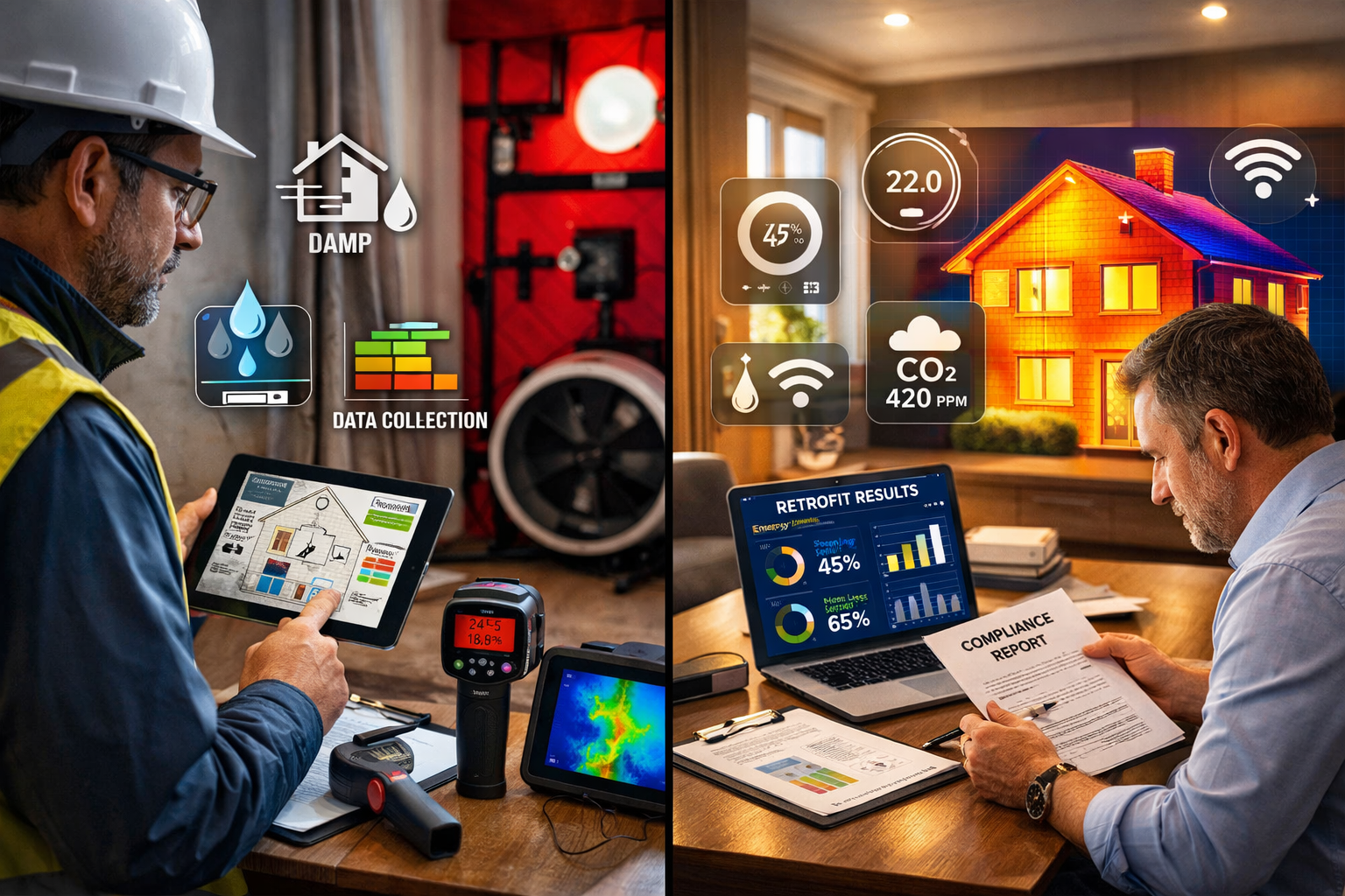Detailed landscape format (1536x1024) split-screen composition showing before-and-after residential retrofit assessment: left half displays 
