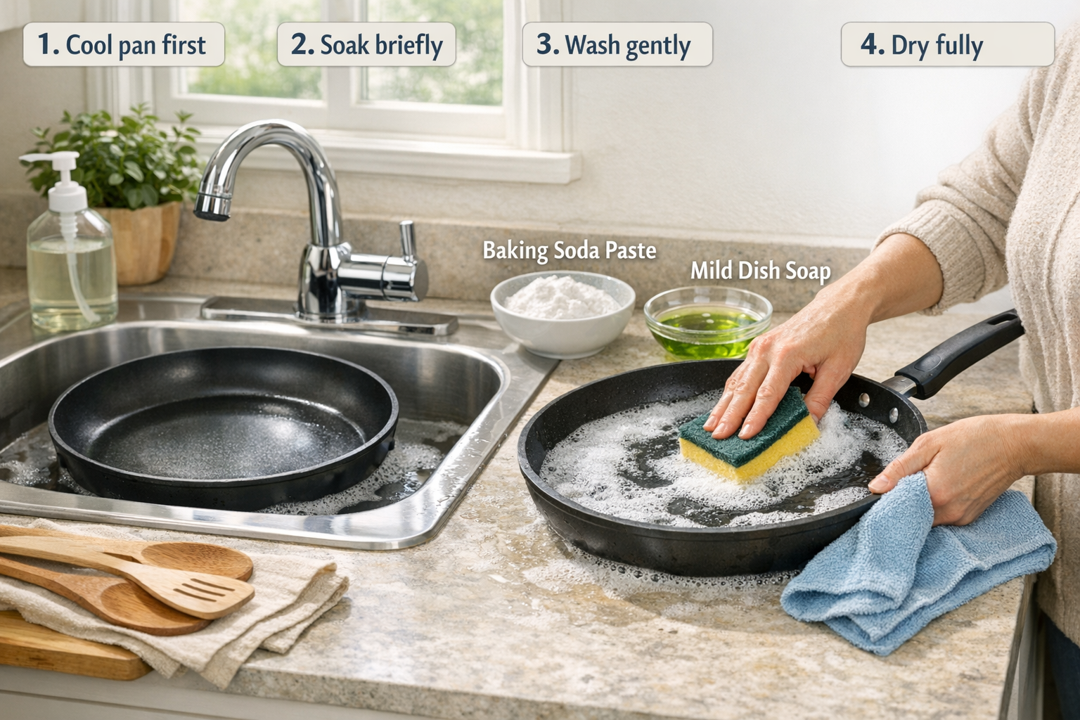 Step-by-step cleaning scene for how to clean nonstick pans properly. Show a sink-side setup from a slightly angled eye-level