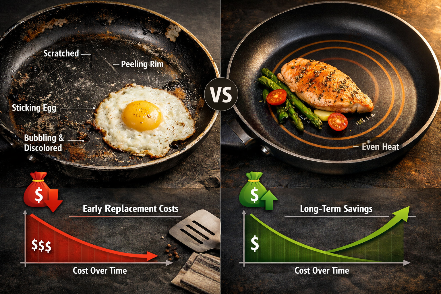 Troubleshooting comparison image about signs of pan deterioration and extending lifespan. Split composition: left side shows