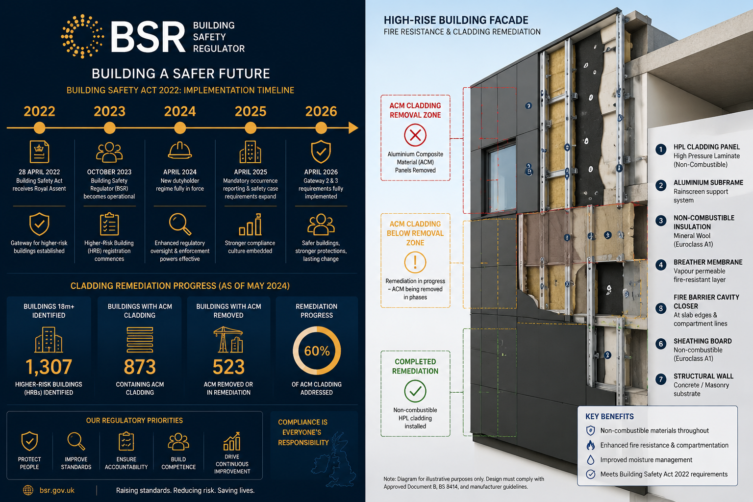 Detailed () showing a split-panel infographic illustration: left side depicts UK regulatory timeline 2022-2026 with Building