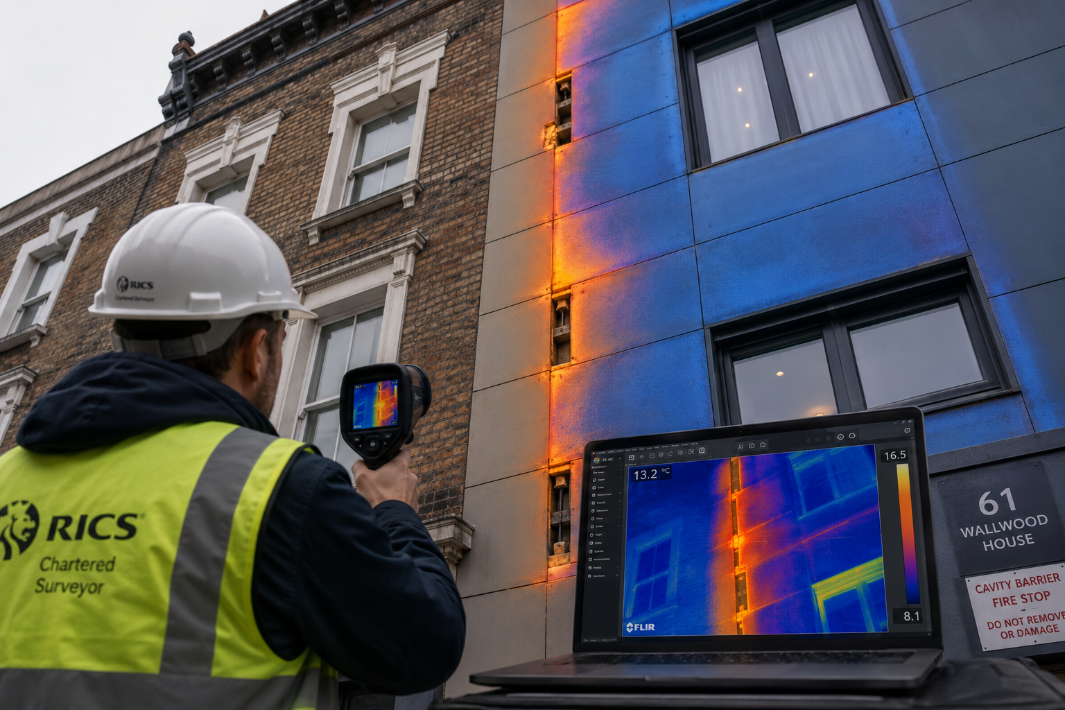 () showing a chartered surveyor in high-visibility vest and hard hat conducting a close-up thermal imaging inspection of a