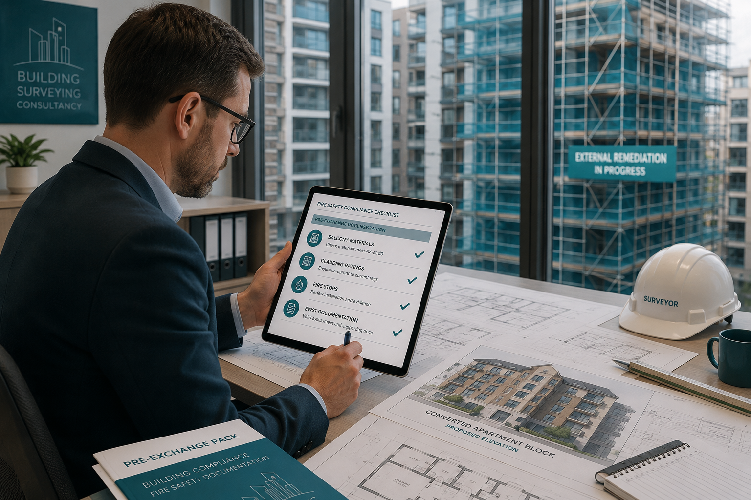 () depicting a professional building surveyor at a desk reviewing a structured compliance checklist on a digital tablet,