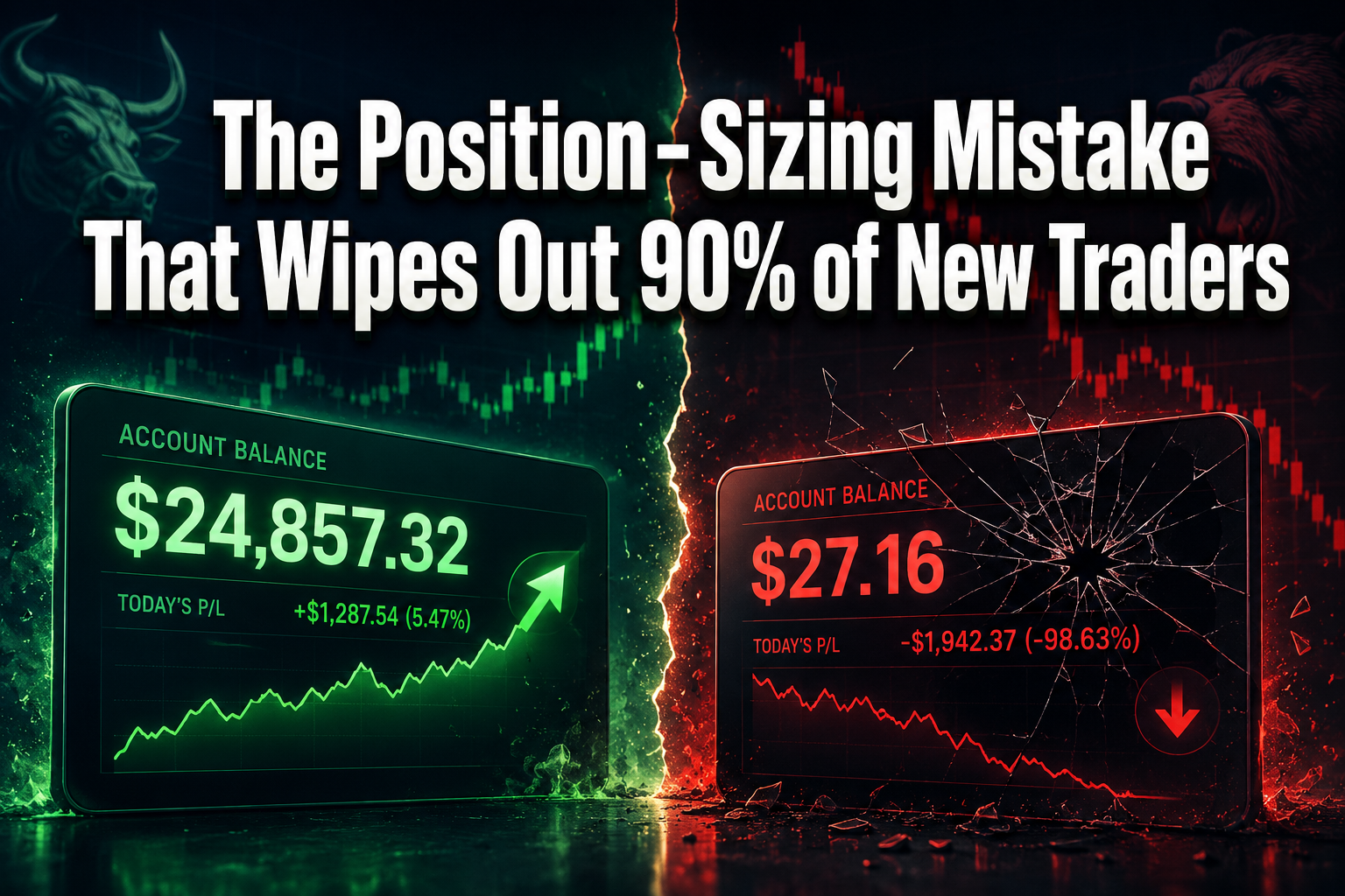 Professional () hero image with : 'The Position-Sizing Mistake That Wipes Out 90% of New Traders' in extra large white with