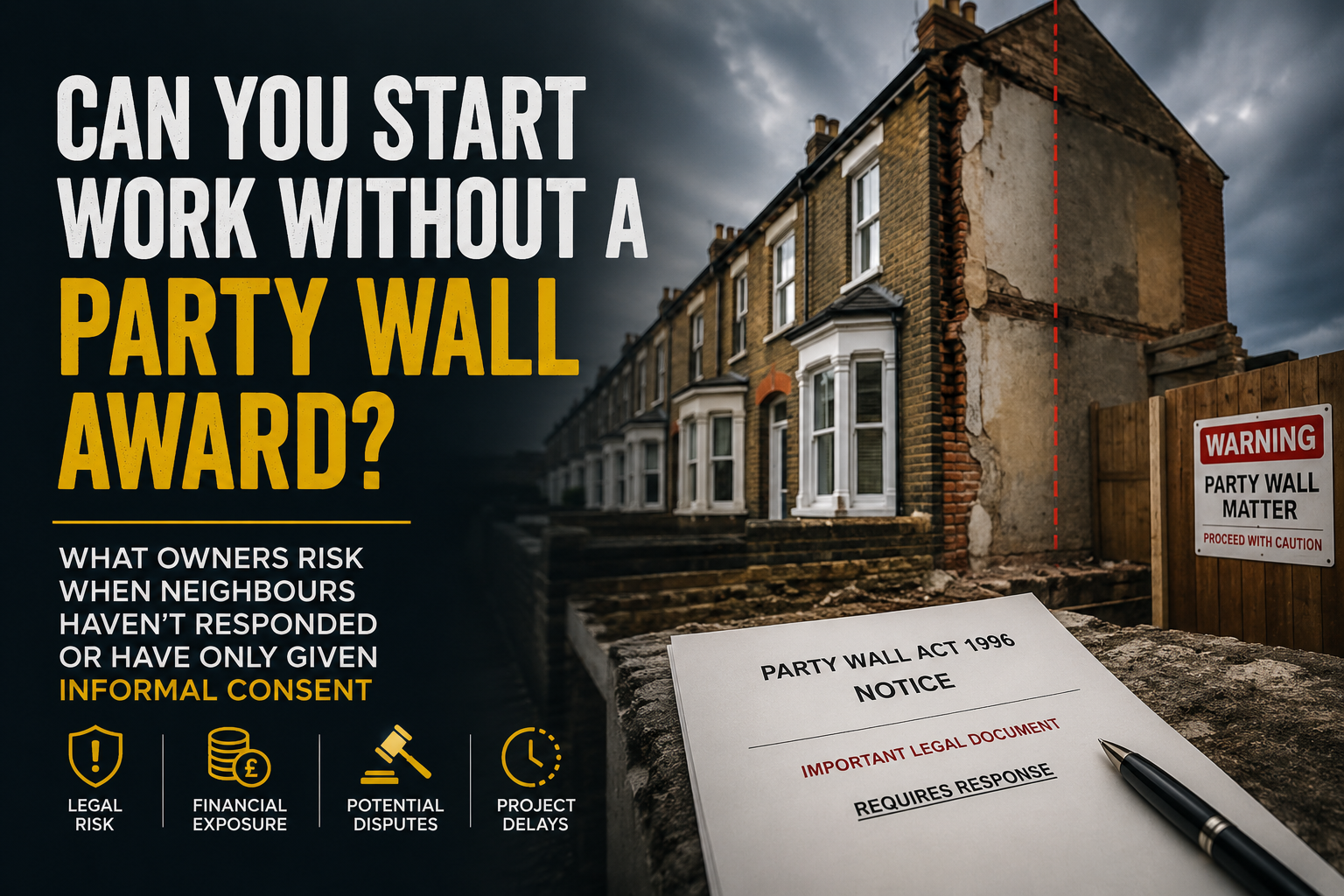 Professional landscape hero image () with : "Can You Start Work Without a Party Wall Award? What Owners Risk When Neighbours