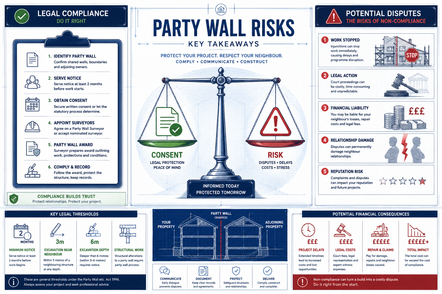 Key takeaways infographic visualizing party wall risks, split screen design with left side showing legal compliance