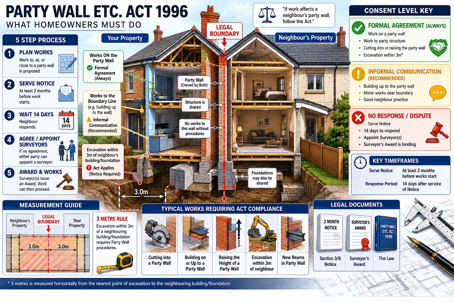 Technical illustration explaining Party Wall etc. Act 1996 requirements, cutaway architectural diagram showing semi-detached