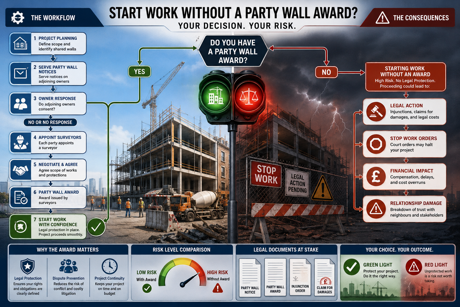 Conceptual risk visualization showing construction project workflow, featuring flowchart depicting decision points around