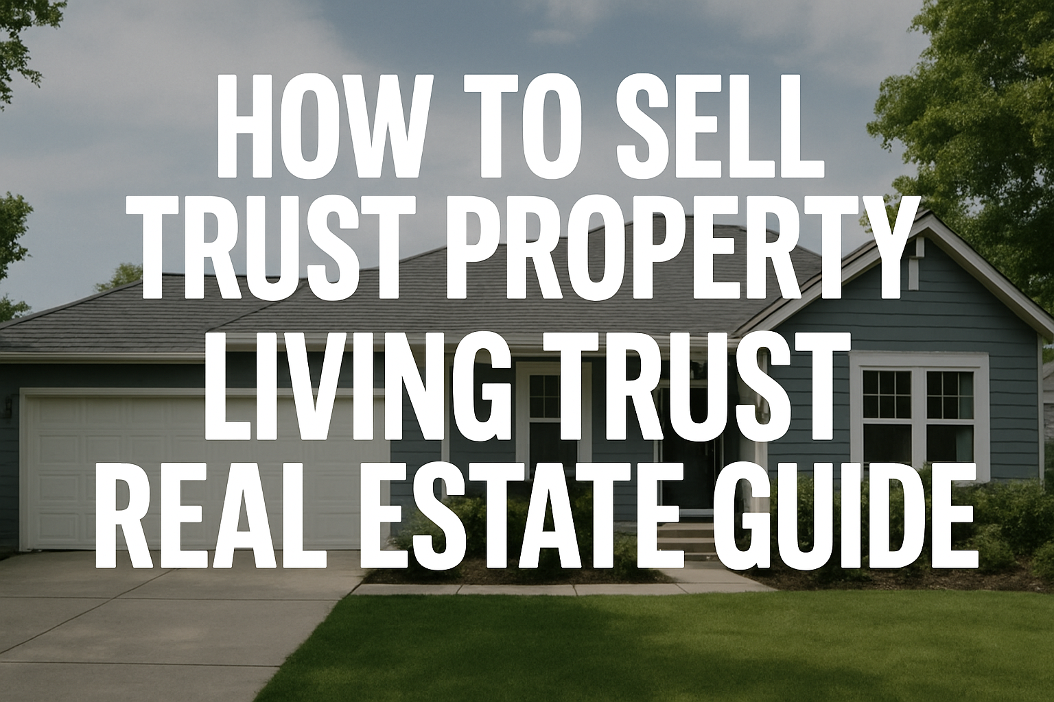 Professional landscape hero image (1536x1024) with bold text overlay: "How to Sell Trust Property: Living Trust Real Estate Guide". Modern d