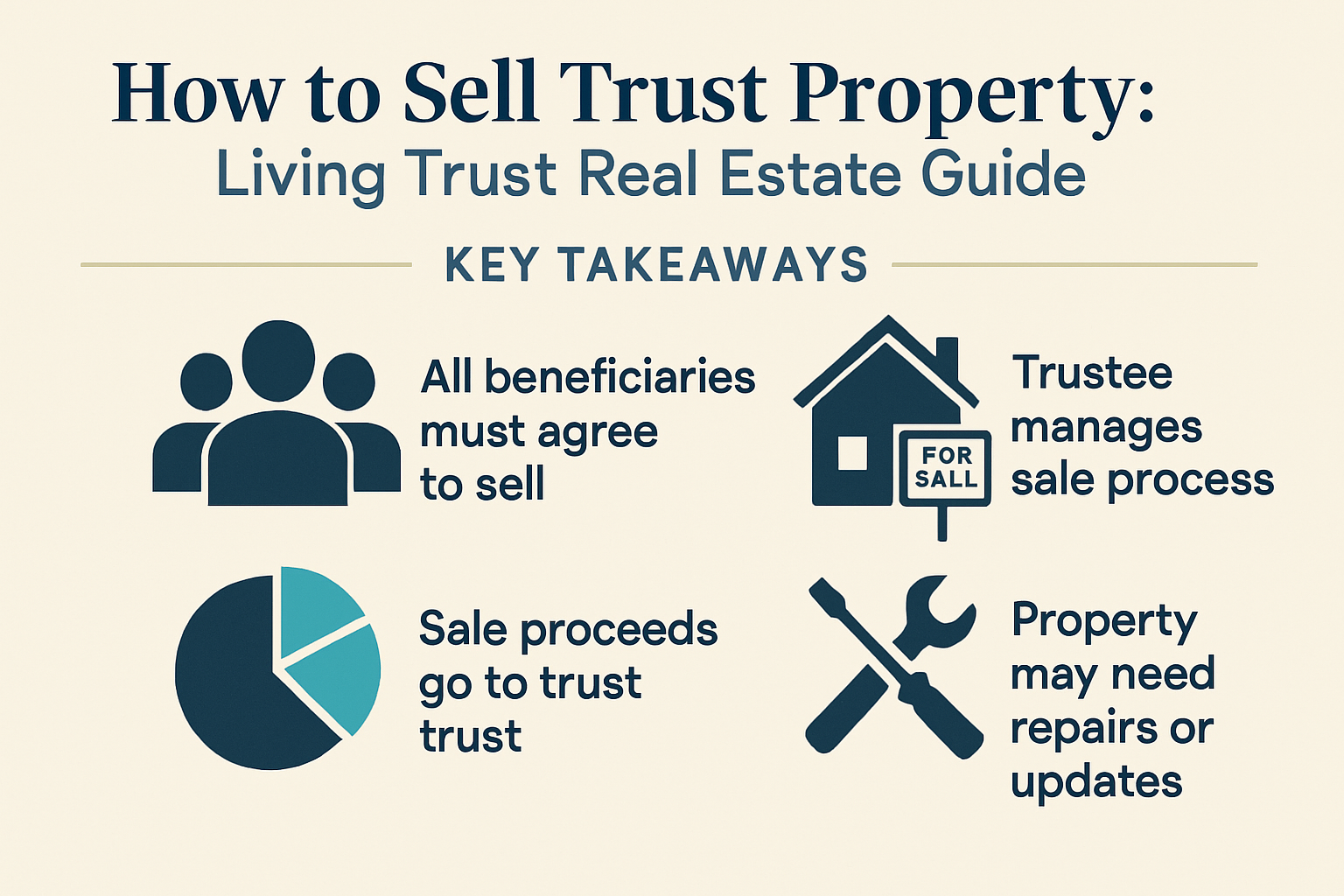 Professional landscape infographic (1536x1024) for article "How to Sell Trust Property: Living Trust Real Estate Guide", section: "Key Takea