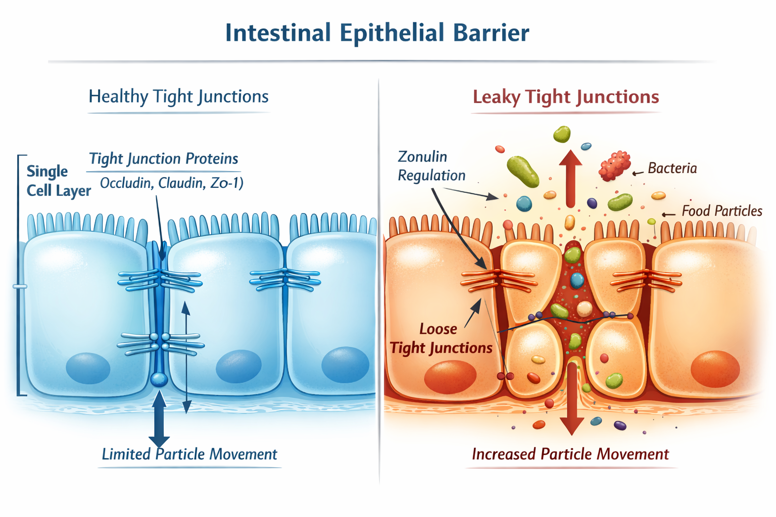 () detailed anatomical diagram of the intestinal epithelial barrier showing tight junction proteins between cells, with