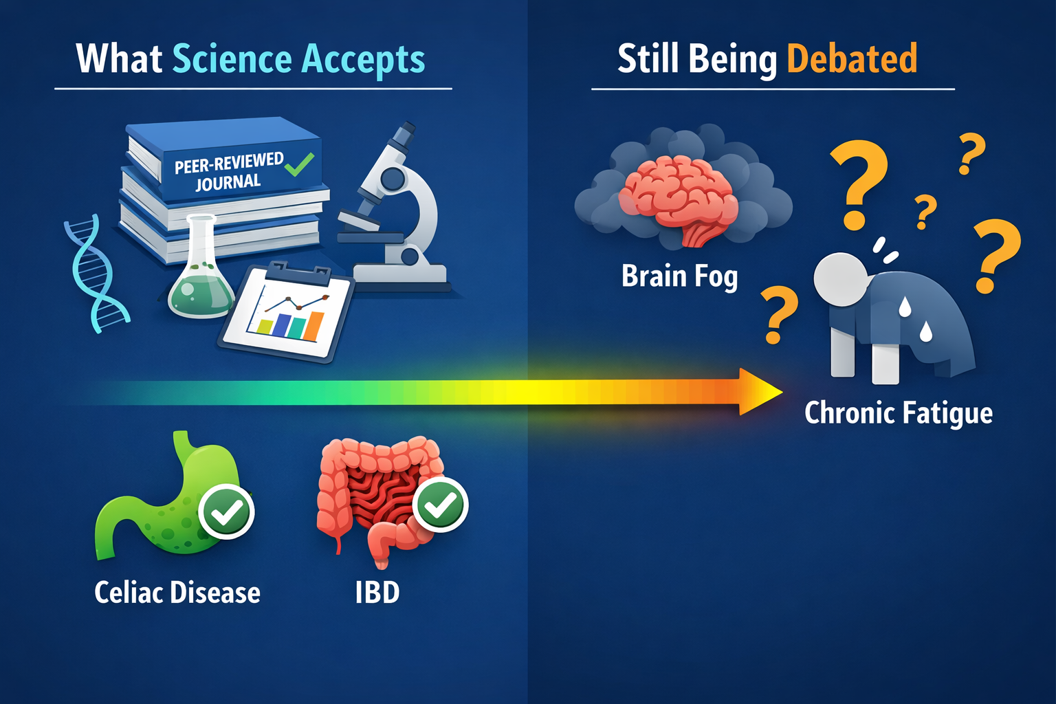 () split visual showing two contrasting zones: left zone labeled 'What Science Accepts' with clean research icons,