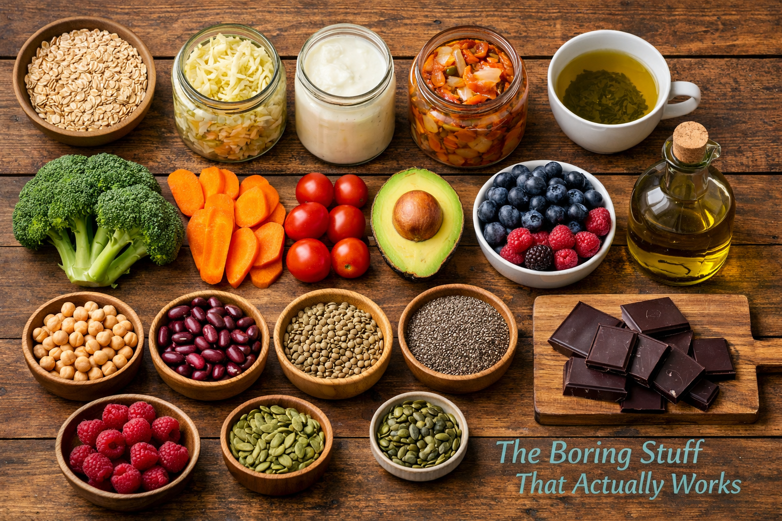 () overhead flat-lay photograph of a wooden kitchen table with high-fiber whole foods arranged in a deliberate grid: