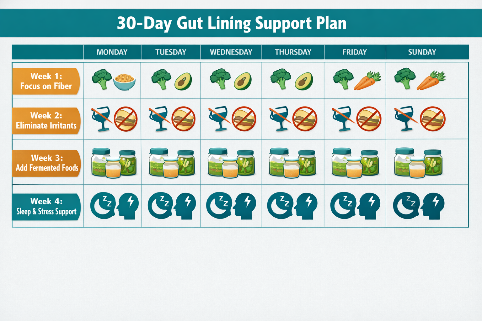 () clean weekly calendar grid showing a 30-day gut lining support plan divided into four labeled weeks, with icon-based