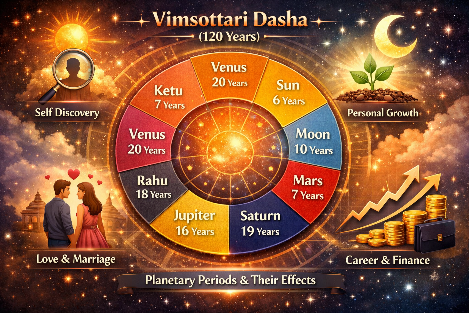 Do not write in Hindi on the images. Always write in English only. Landscape format (1536x1024) image depicting the 'विम्शोत्तरी दशा' system