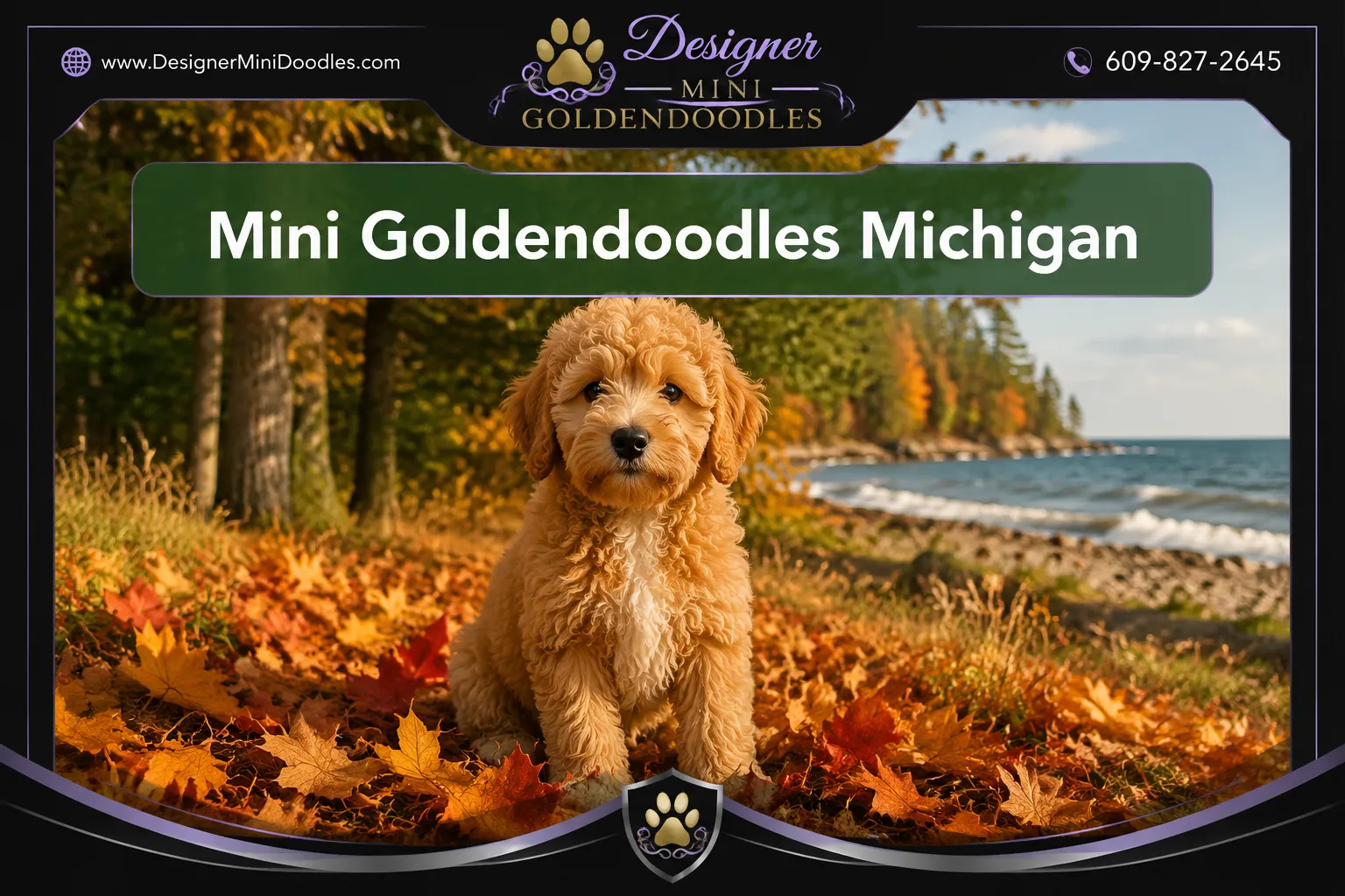 Professional () editorial hero image with 'Mini Goldendoodles Michigan' in crisp white modern on a semi-transparent