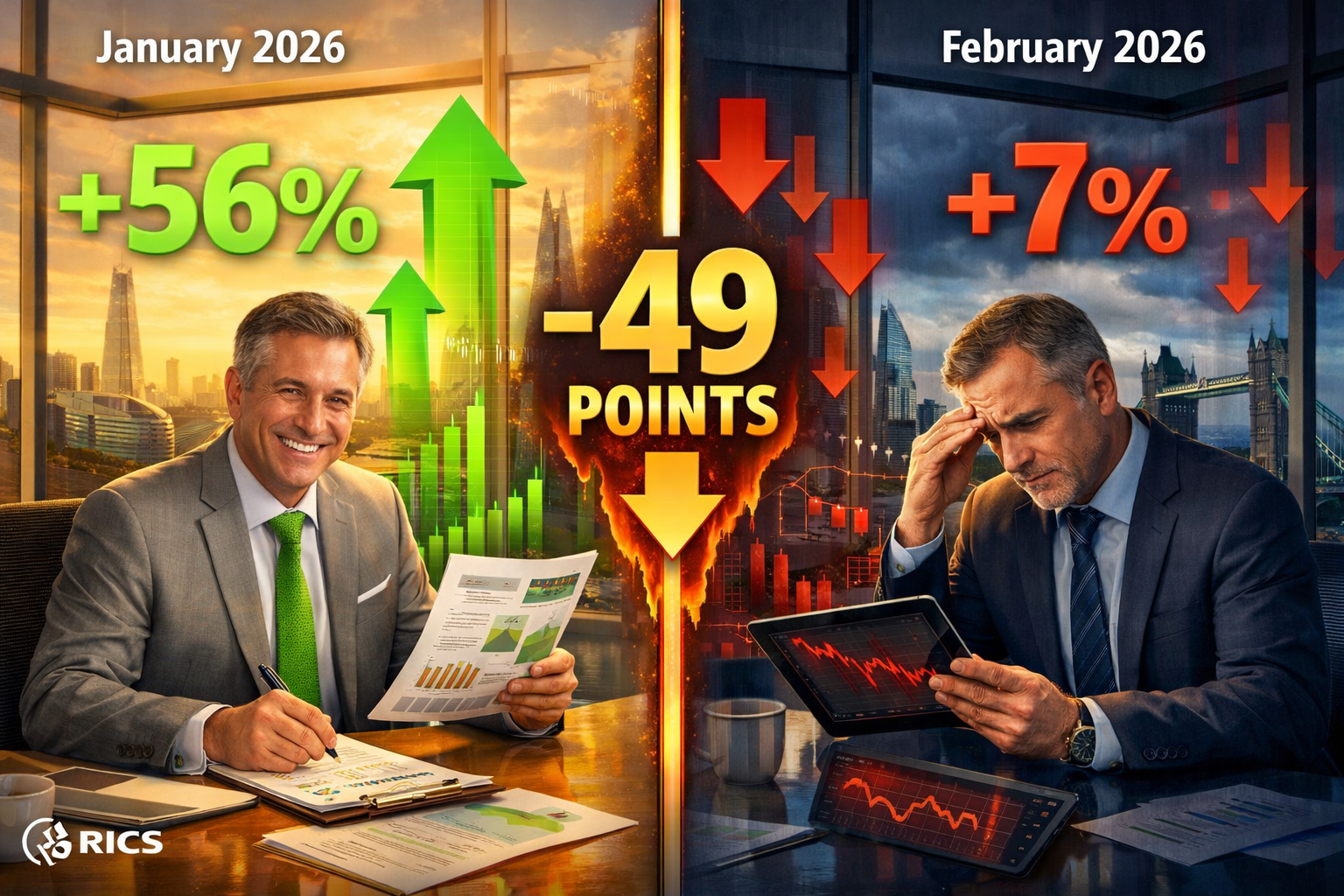 Detailed () image showing split-screen comparison visualization. Left side displays January 2026 optimistic market scene